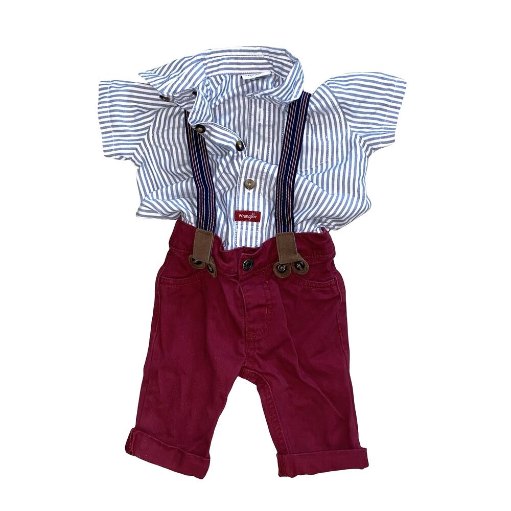 Wrangler Baby Boy Striped Button Down Shirt Carters Burgundy Pants Set 6 Months